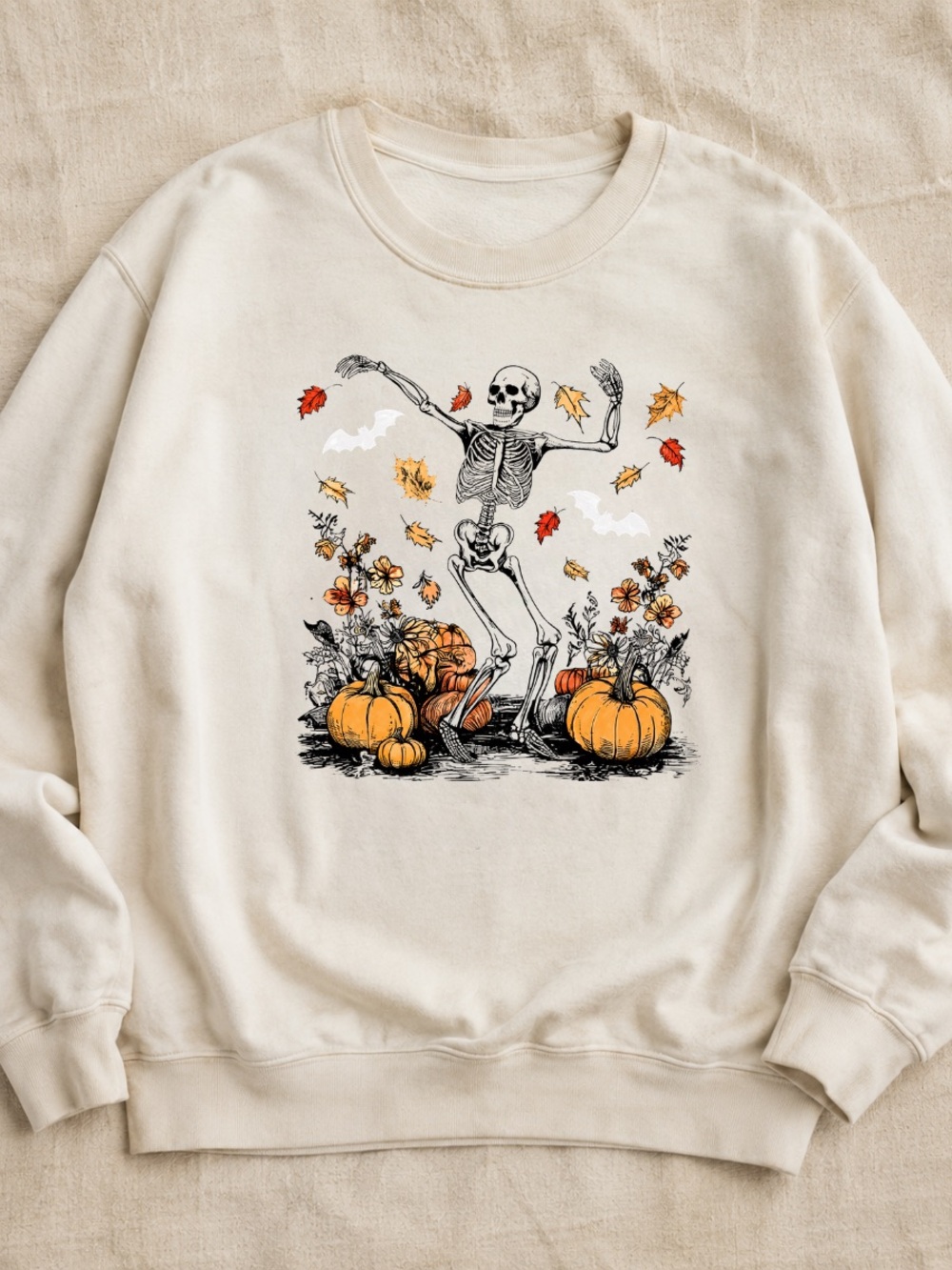 Gildan Cream Short Sleeve Tee with Dancing Skeleton & Pumpkin Art - Picture 1 of 2